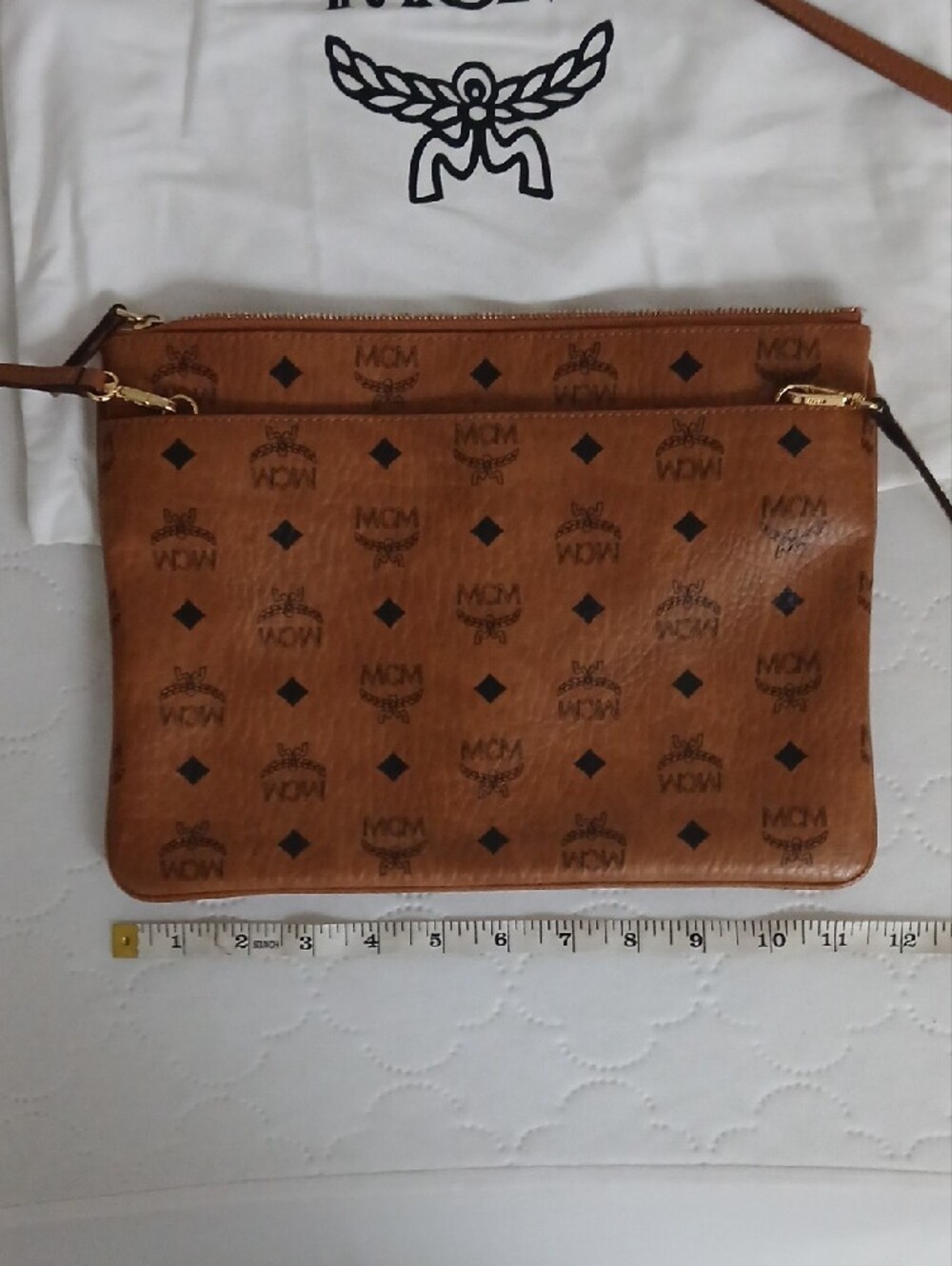 MCM Cognac Monogram Leather Crossbody Pouch - Picture 6 of 9